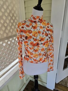 Floral Mock Neck Sheer Long-Sleeve Top